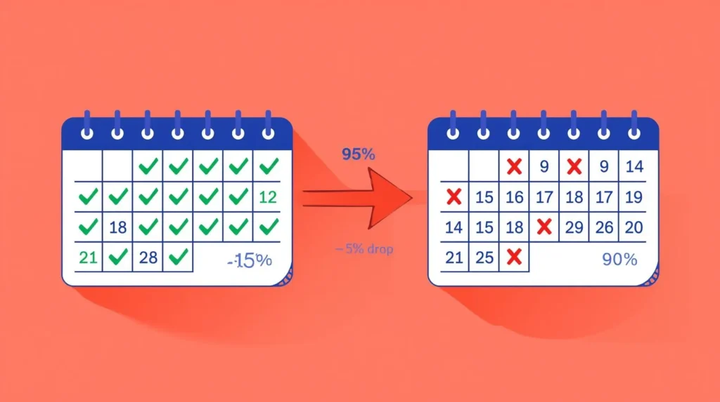 Attendance drop comparison: 95% attendance calendar with 19 days present and 1 day absent vs 90% attendance calendar with 18 days present and 2 days absent showing 5% decrease from one extra miss