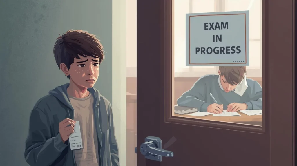 Student standing outside exam hall looking worried while holding admit card, another student visible inside writing exam, representing attendance shortage consequences and exam eligibility issues